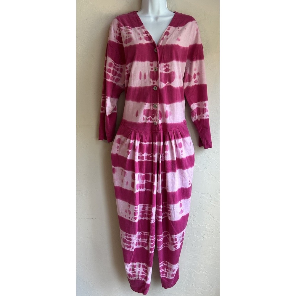 Vintage 90s Blue Cactus Pink Tie Dye Jumpsuit M Oversized Baggy Wide Leg Casual